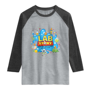 Lab Story Lab Week 2026 Celebration Raglan Shirt Every Test Tells a Story Medical Lab Tech Appreciation Gift TS02 Heather Gray Heather Charcoal Print Your Wear