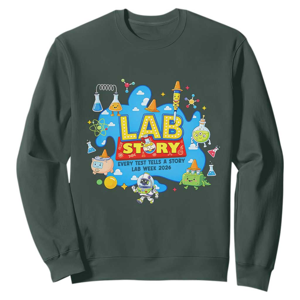 Lab Story Lab Week 2026 Celebration Sweatshirt Every Test Tells a Story Medical Lab Tech Appreciation Gift TS02 Dark Forest Green Print Your Wear