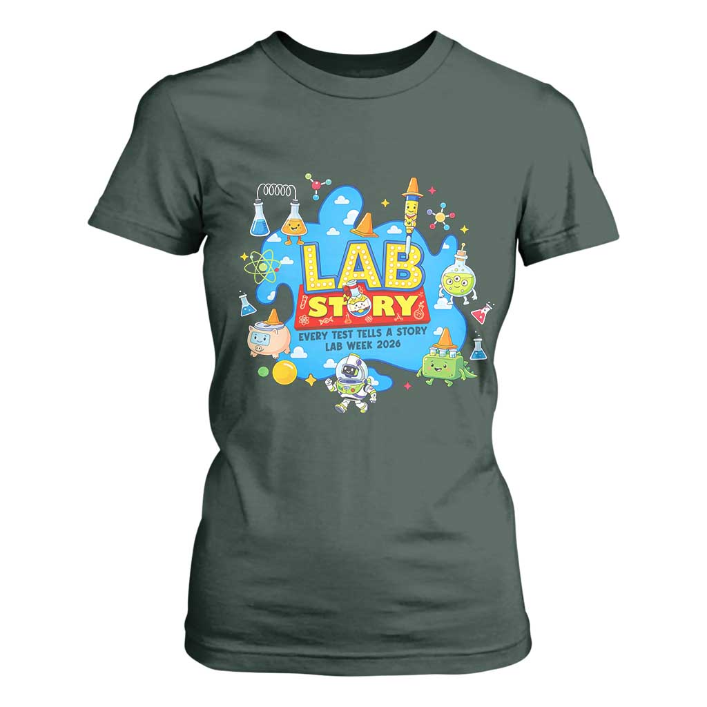 Lab Story Lab Week 2026 Celebration T Shirt For Women Every Test Tells a Story Medical Lab Tech Appreciation Gift TS02 Dark Forest Green Print Your Wear