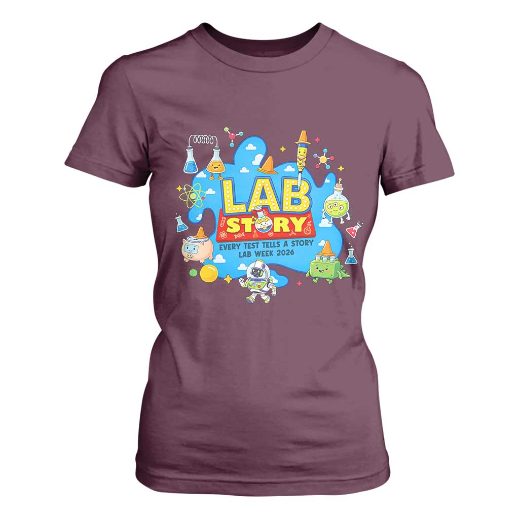 Lab Story Lab Week 2026 Celebration T Shirt For Women Every Test Tells a Story Medical Lab Tech Appreciation Gift TS02 Maroon Print Your Wear