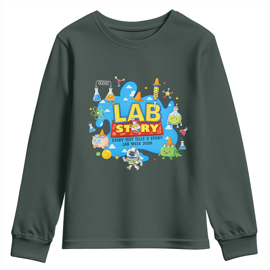 Lab Story Lab Week 2026 Celebration Youth Sweatshirt Every Test Tells a Story Medical Lab Tech Appreciation Gift TS02 Dark Forest Green Print Your Wear