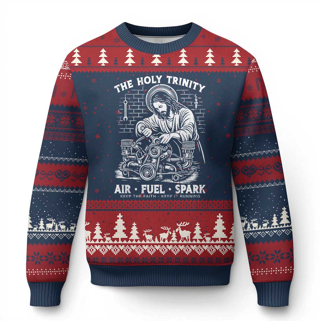Funny Mechanic Jesus Holy Trinity Air Fuel Spark Ugly Christmas Sweater Christian Car Lover Humor Gift for Gearheads TS02 Navy Red Print Your Wear