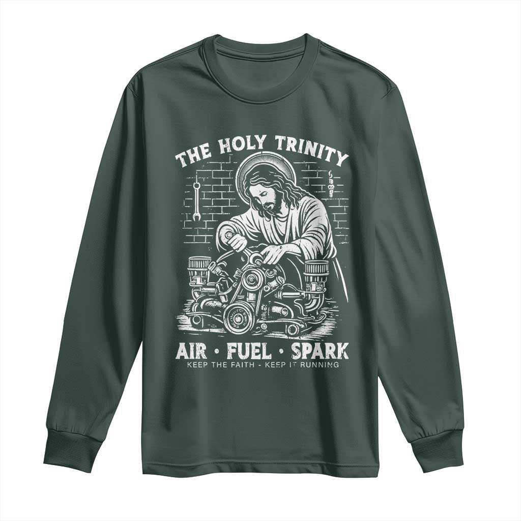 Funny Mechanic Jesus Holy Trinity Air Fuel Spark Long Sleeve Shirt Christian Car Lover Humor Gift for Gearheads TS02 Dark Forest Green Print Your Wear