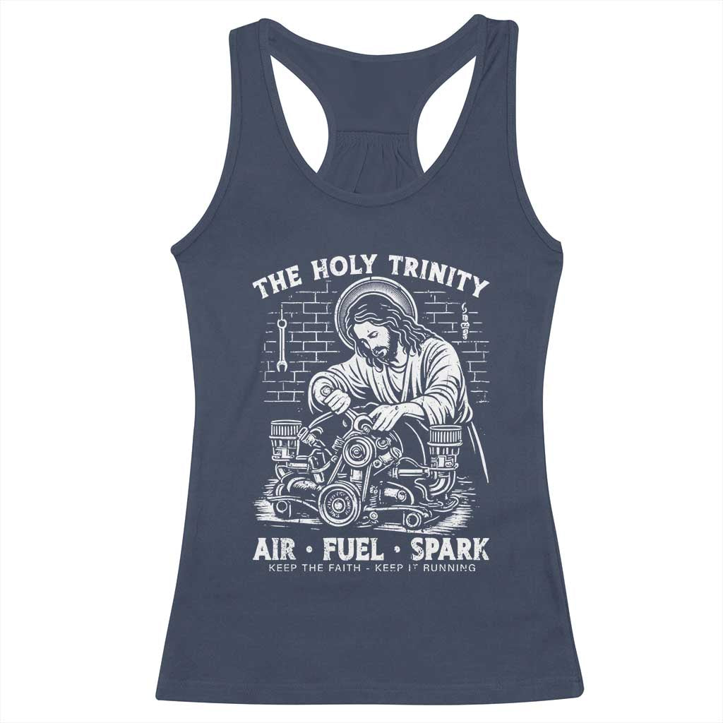 Funny Mechanic Jesus Holy Trinity Air Fuel Spark Racerback Tank Top Christian Car Lover Humor Gift for Gearheads TS02 Navy Print Your Wear