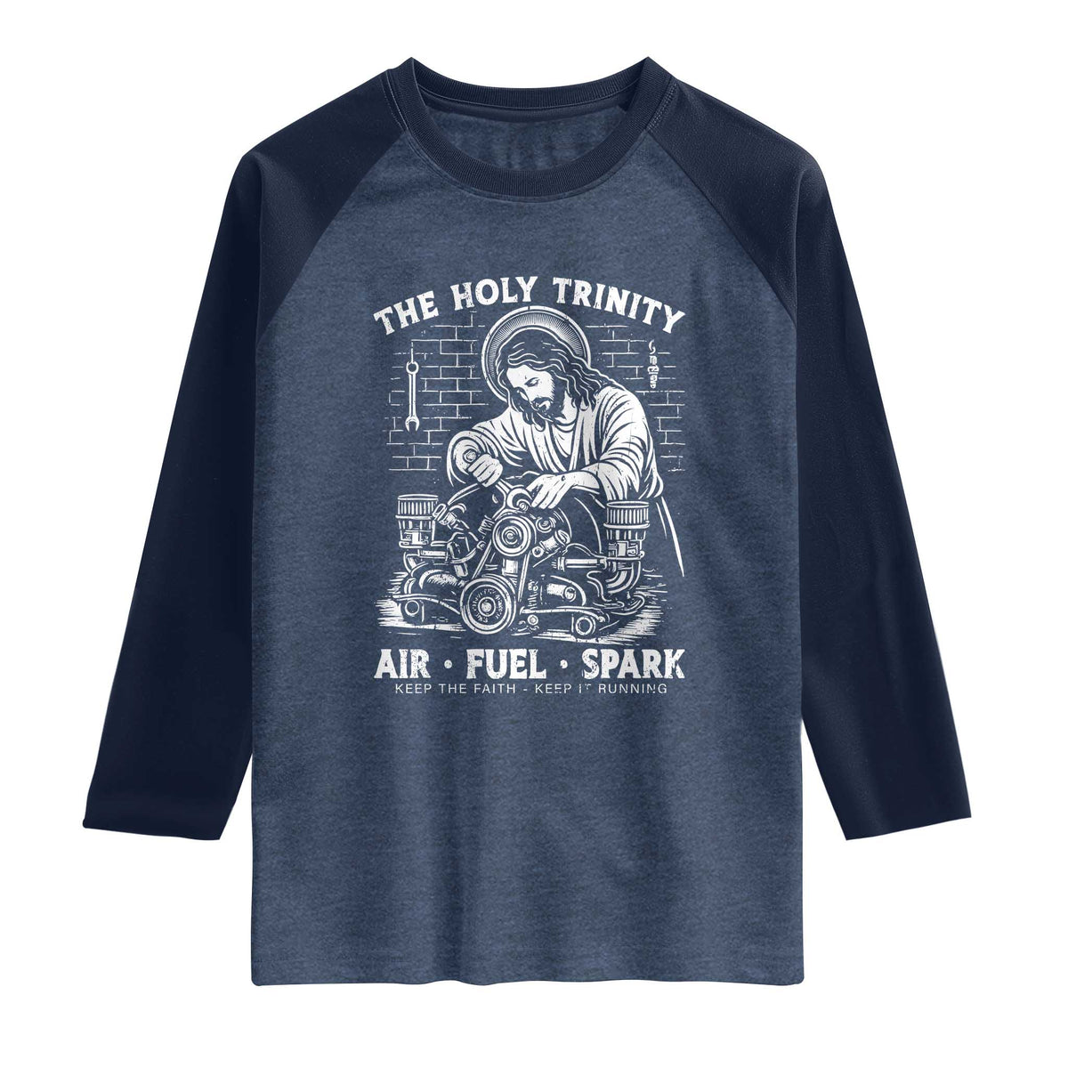 Funny Mechanic Jesus Holy Trinity Air Fuel Spark Raglan Shirt Christian Car Lover Humor Gift for Gearheads TS02 Heather Denim Navy Print Your Wear