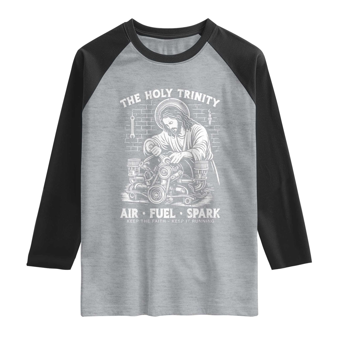 Funny Mechanic Jesus Holy Trinity Air Fuel Spark Raglan Shirt Christian Car Lover Humor Gift for Gearheads TS02 Heather Gray Black Print Your Wear