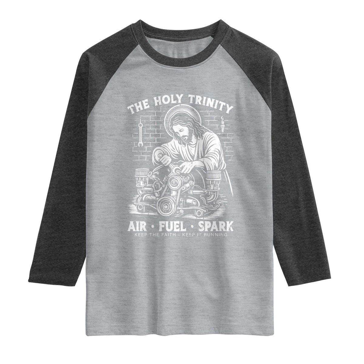 Funny Mechanic Jesus Holy Trinity Air Fuel Spark Raglan Shirt Christian Car Lover Humor Gift for Gearheads TS02 Heather Gray Heather Charcoal Print Your Wear