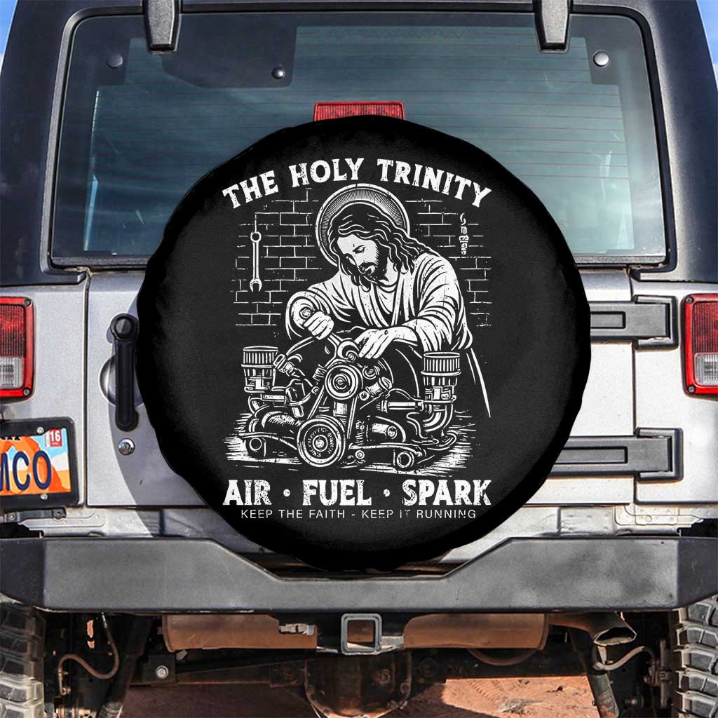 Funny Mechanic Jesus Holy Trinity Air Fuel Spark Spare Tire Cover Christian Car Lover Humor Gift for Gearheads TS02 No hole Black Print Your Wear