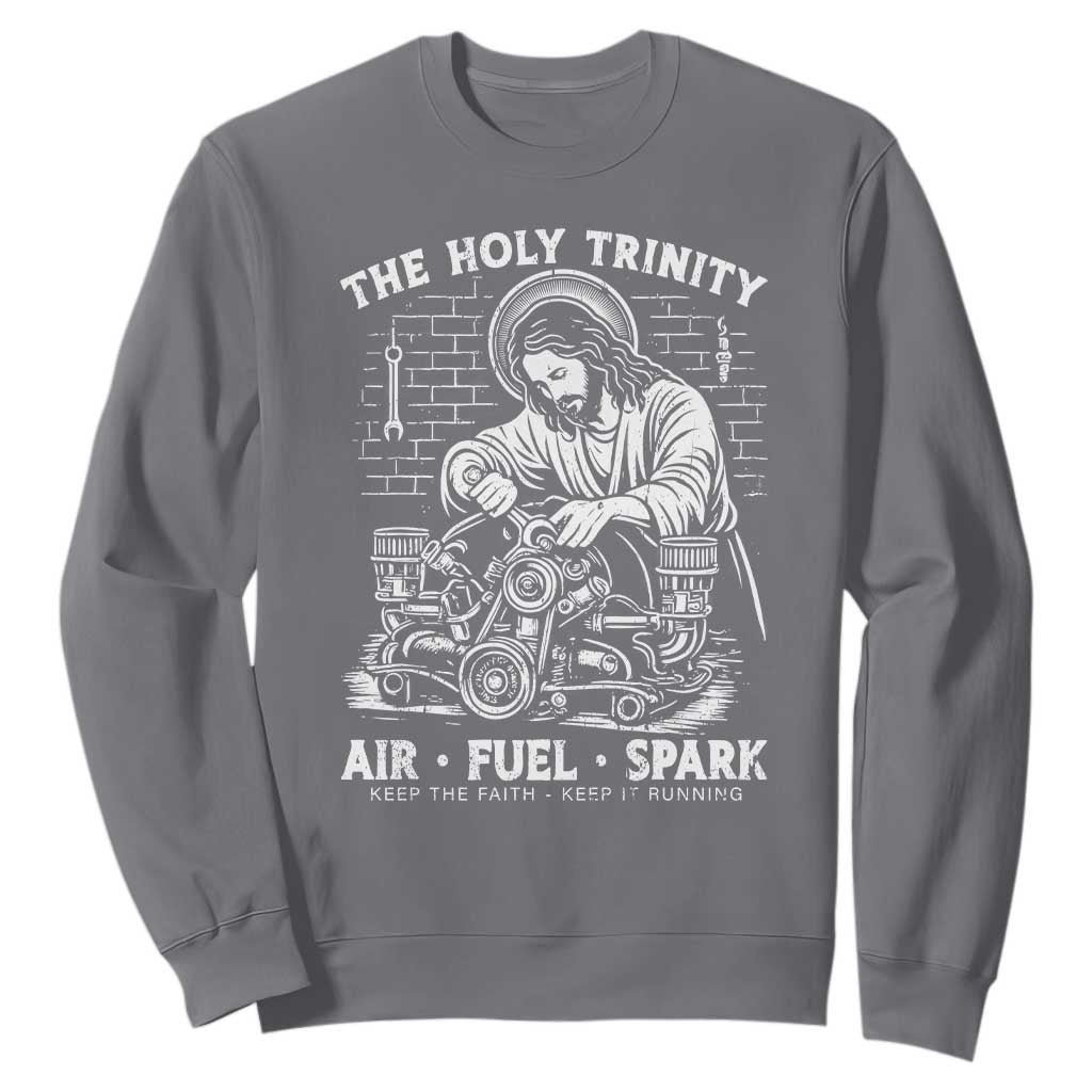 Funny Mechanic Jesus Holy Trinity Air Fuel Spark Sweatshirt Christian Car Lover Humor Gift for Gearheads TS02 Charcoal Print Your Wear