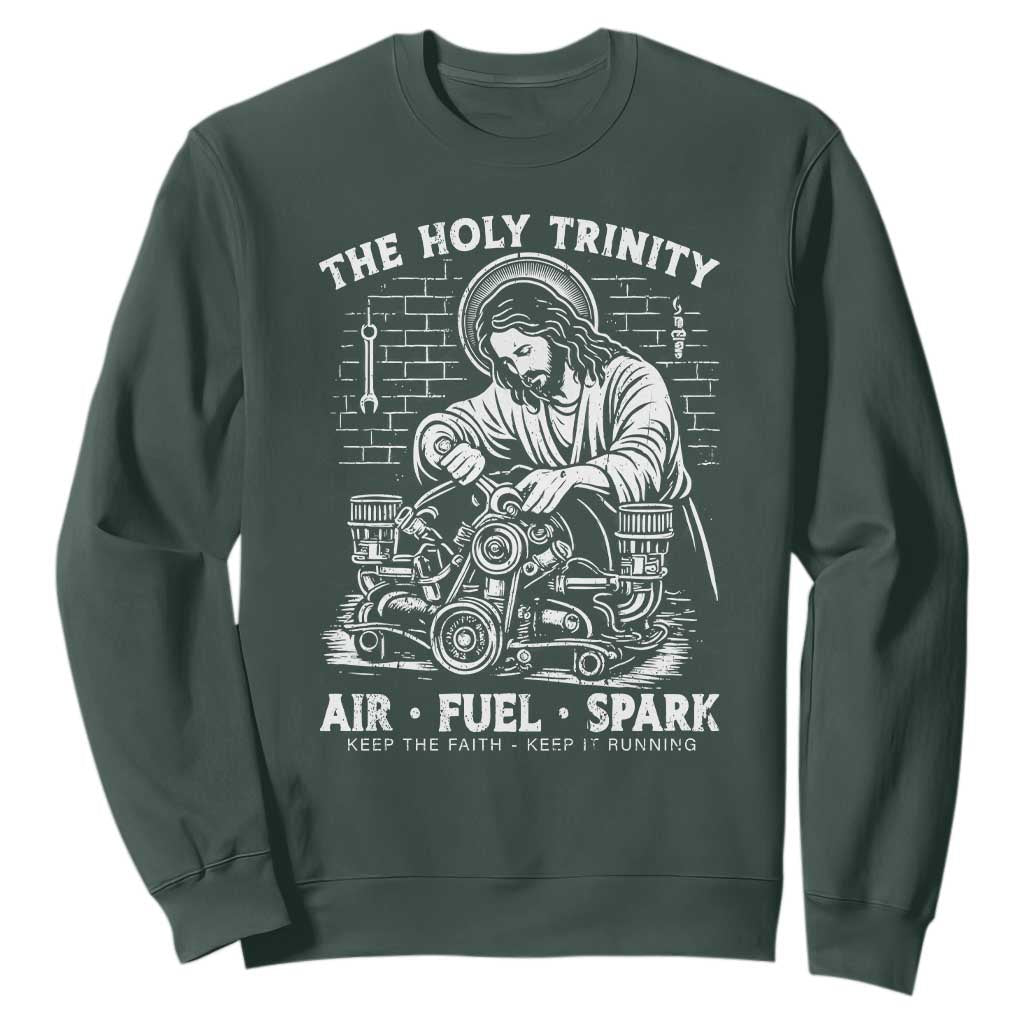 Funny Mechanic Jesus Holy Trinity Air Fuel Spark Sweatshirt Christian Car Lover Humor Gift for Gearheads TS02 Dark Forest Green Print Your Wear