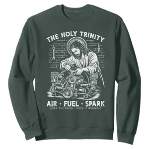Funny Mechanic Jesus Holy Trinity Air Fuel Spark Sweatshirt Christian Car Lover Humor Gift for Gearheads TS02 Dark Forest Green Print Your Wear