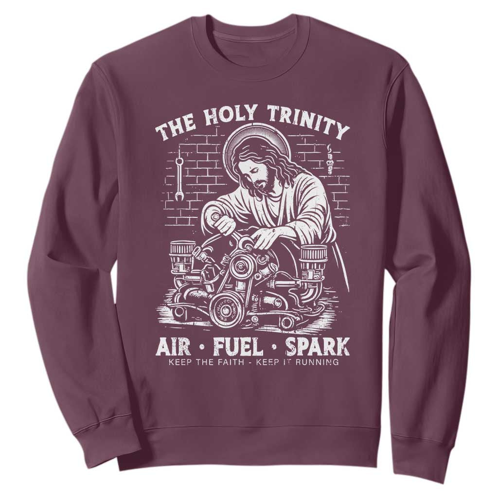 Funny Mechanic Jesus Holy Trinity Air Fuel Spark Sweatshirt Christian Car Lover Humor Gift for Gearheads TS02 Maroon Print Your Wear