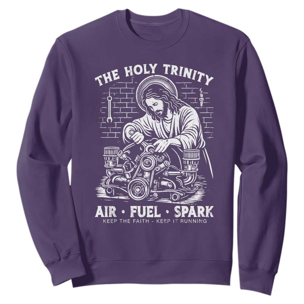 Funny Mechanic Jesus Holy Trinity Air Fuel Spark Sweatshirt Christian Car Lover Humor Gift for Gearheads TS02 Purple Print Your Wear