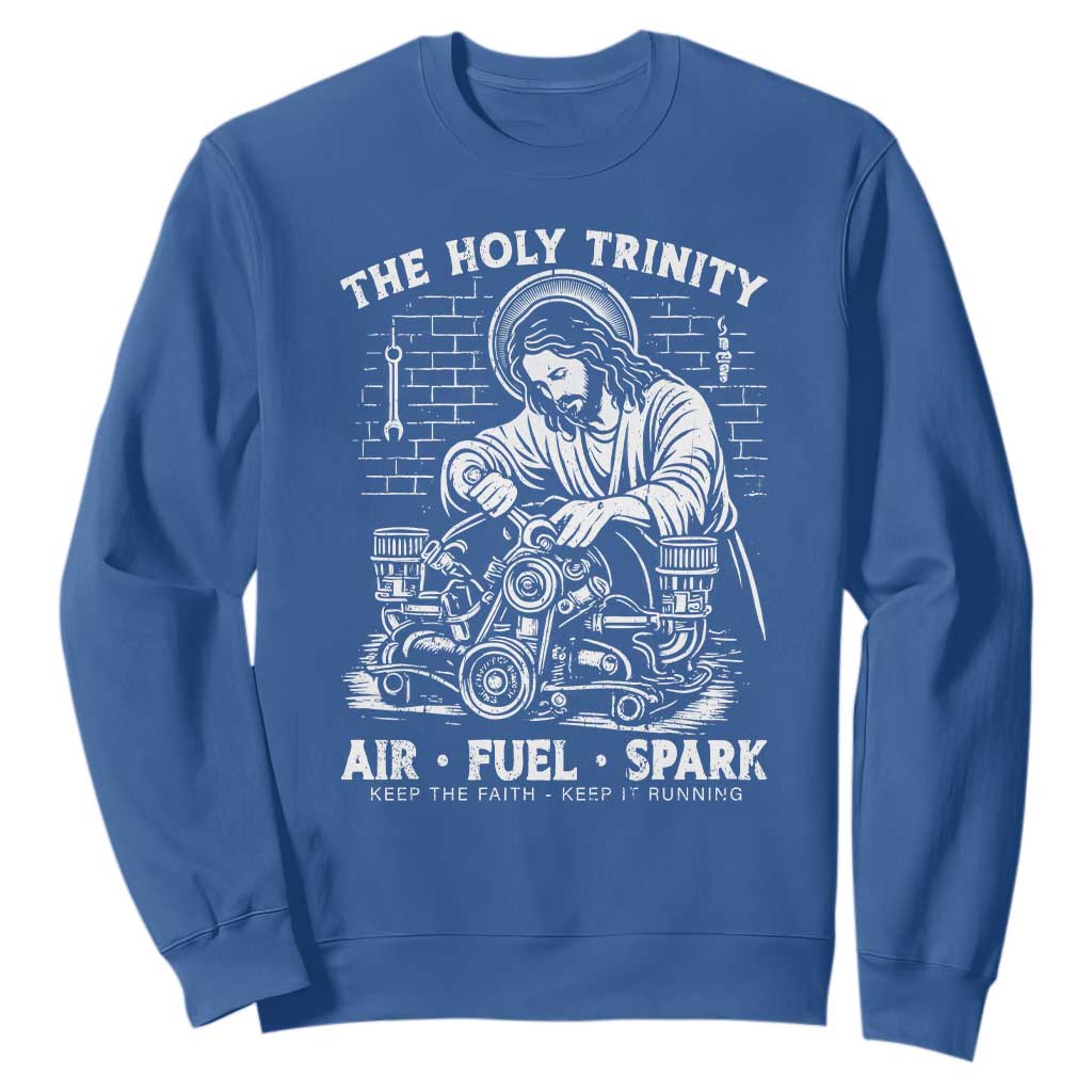 Funny Mechanic Jesus Holy Trinity Air Fuel Spark Sweatshirt Christian Car Lover Humor Gift for Gearheads TS02 Royal Blue Print Your Wear