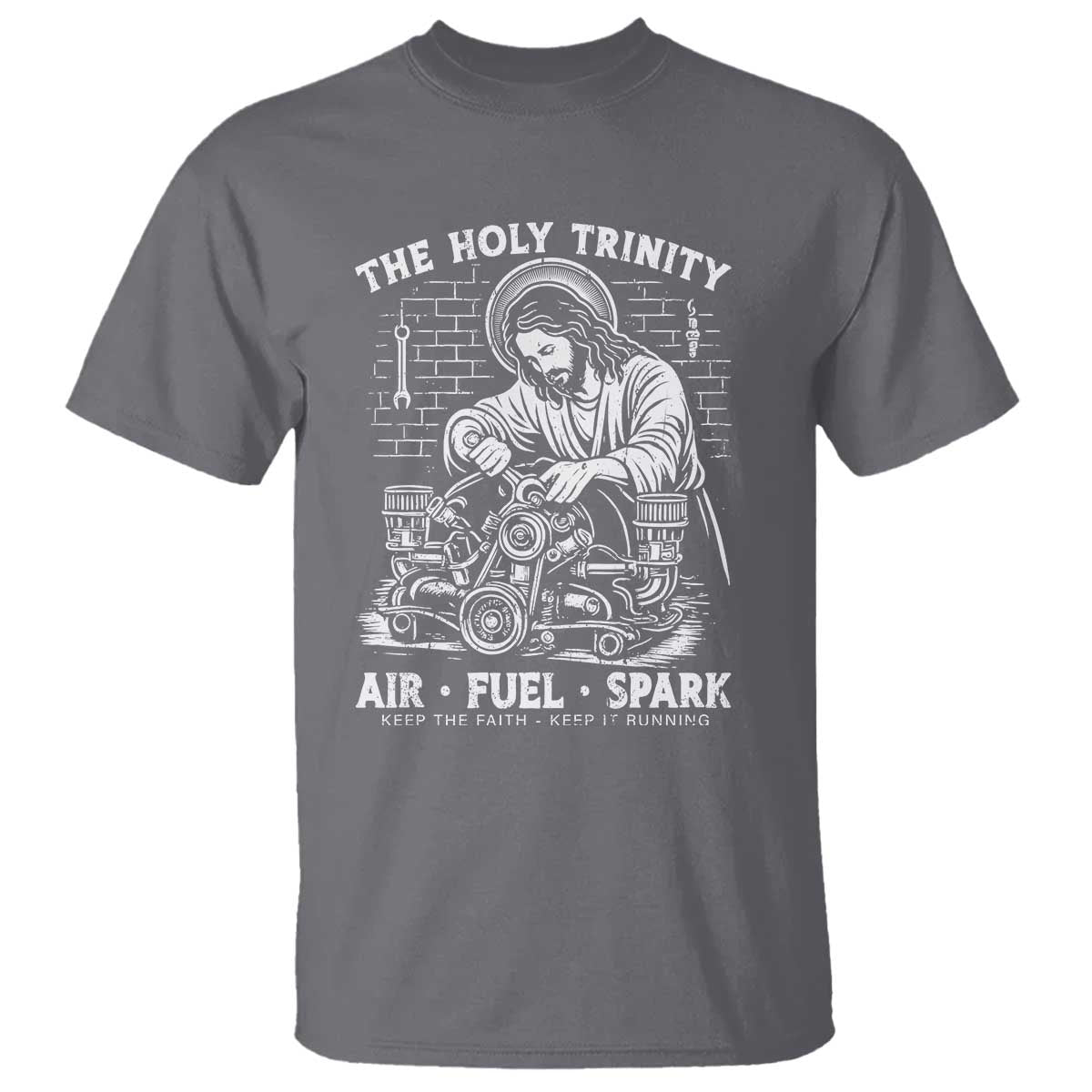 Funny Mechanic Jesus Holy Trinity Air Fuel Spark T Shirt Christian Car Lover Humor Gift for Gearheads TS02 Charcoal Print Your Wear