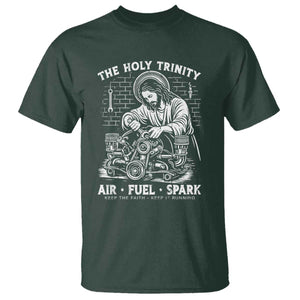 Funny Mechanic Jesus Holy Trinity Air Fuel Spark T Shirt Christian Car Lover Humor Gift for Gearheads TS02 Dark Forest Green Print Your Wear