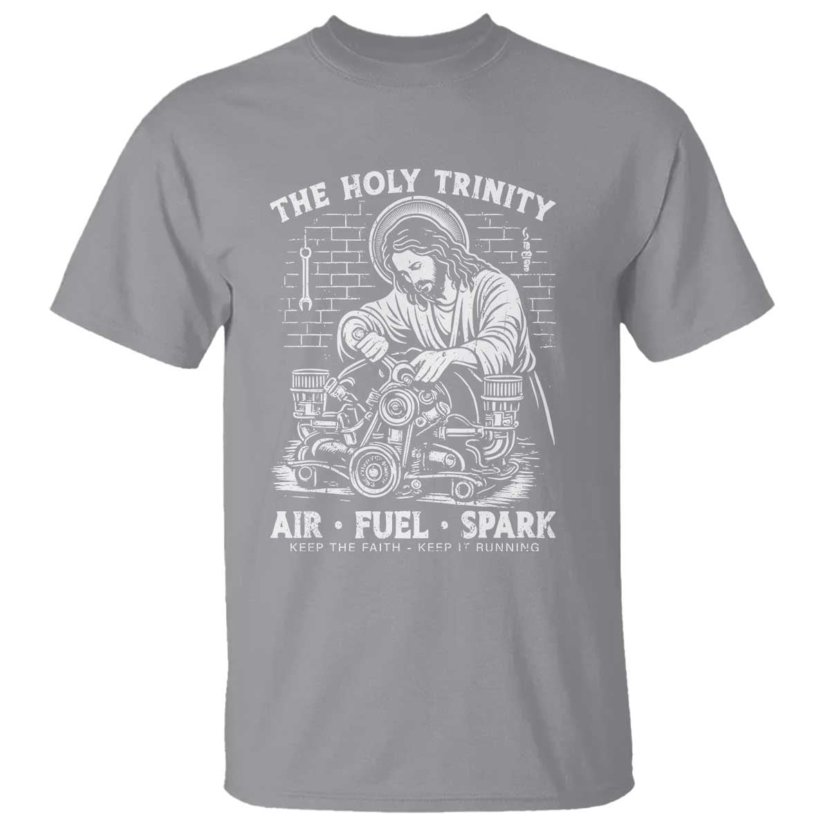 Funny Mechanic Jesus Holy Trinity Air Fuel Spark T Shirt Christian Car Lover Humor Gift for Gearheads TS02 Sport Gray Print Your Wear