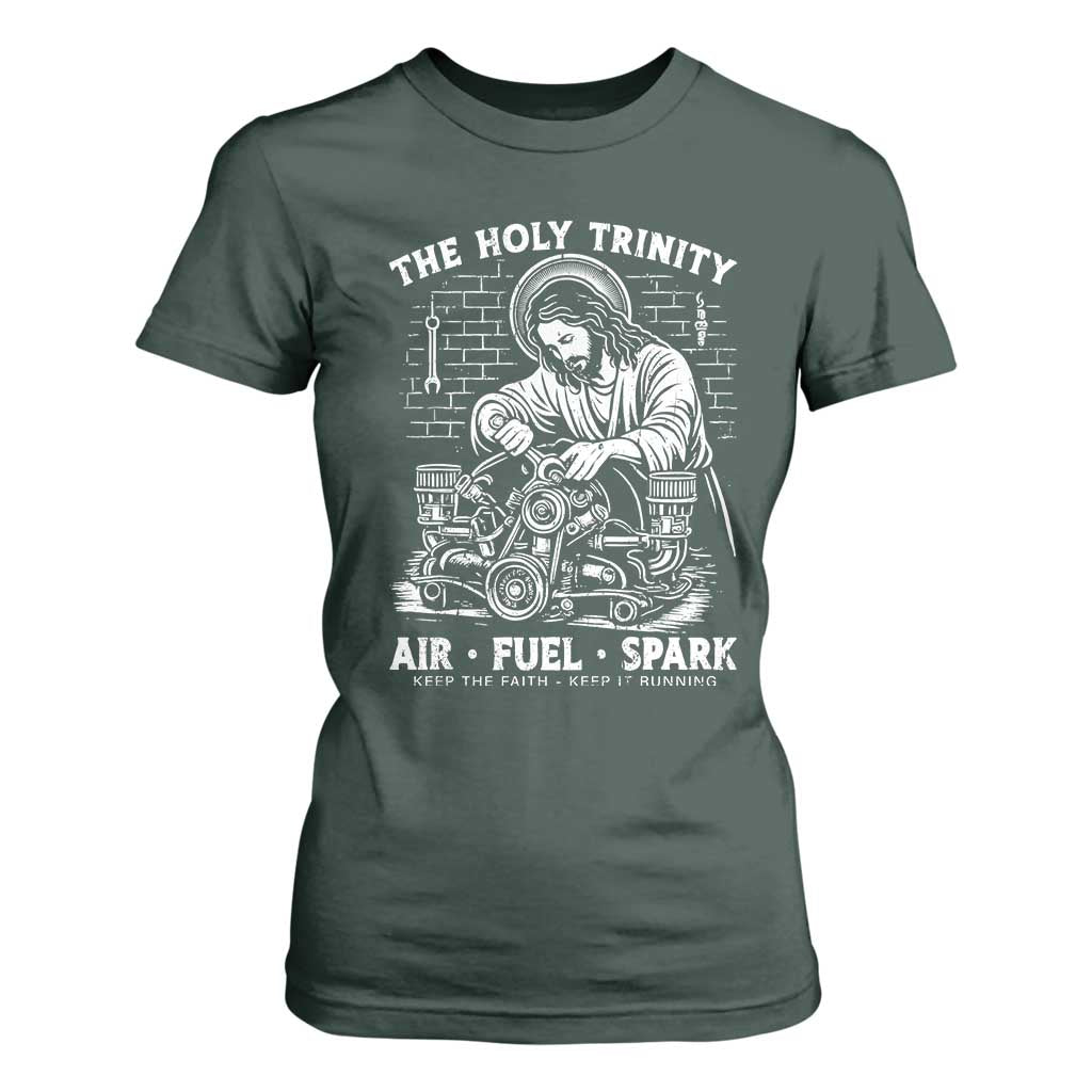 Funny Mechanic Jesus Holy Trinity Air Fuel Spark T Shirt For Women Christian Car Lover Humor Gift for Gearheads TS02 Dark Forest Green Print Your Wear
