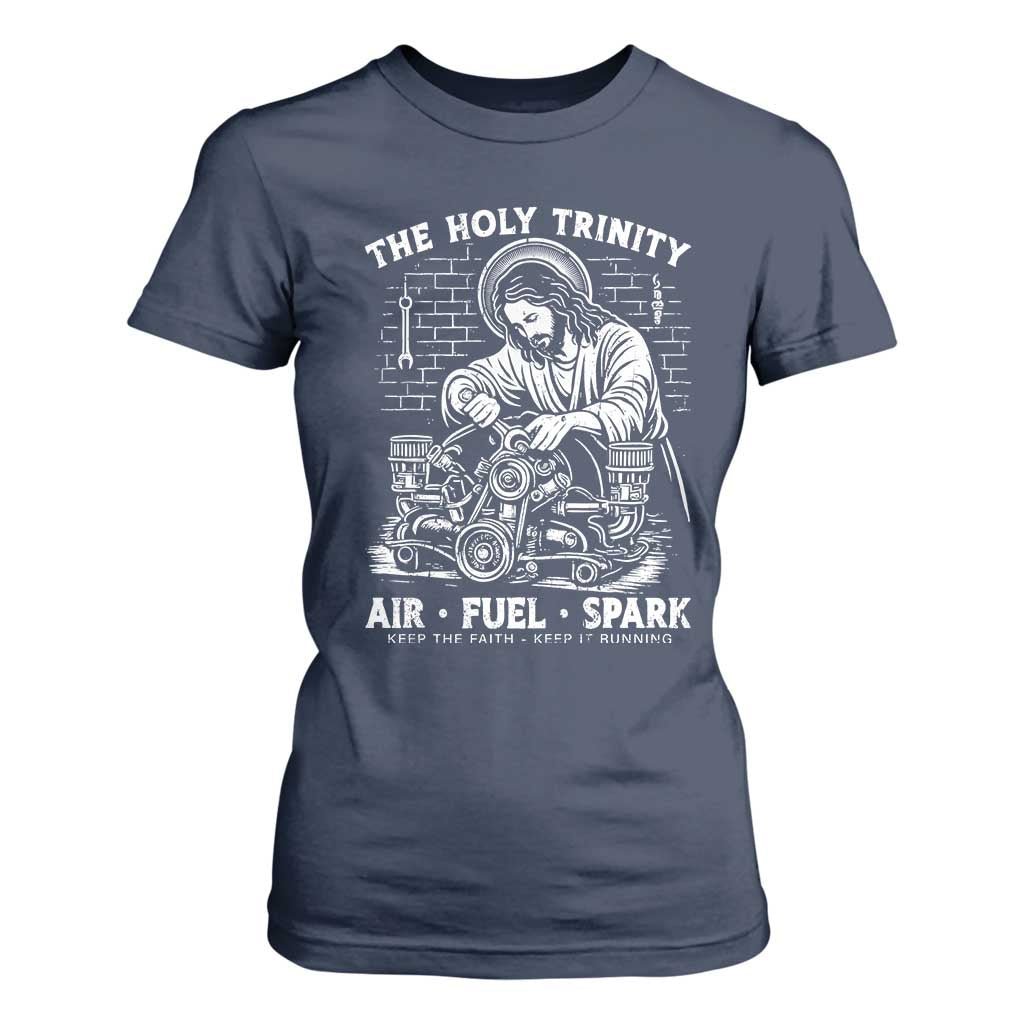 Funny Mechanic Jesus Holy Trinity Air Fuel Spark T Shirt For Women Christian Car Lover Humor Gift for Gearheads TS02 Navy Print Your Wear