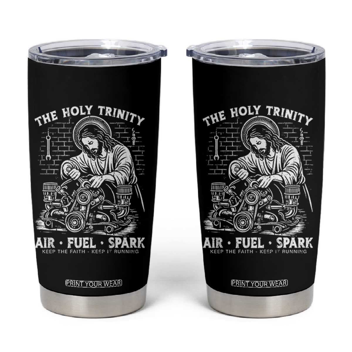Funny Mechanic Jesus Holy Trinity Air Fuel Spark Tumbler Cup Christian Car Lover Humor Gift for Gearheads TS02 Black Print Your Wear