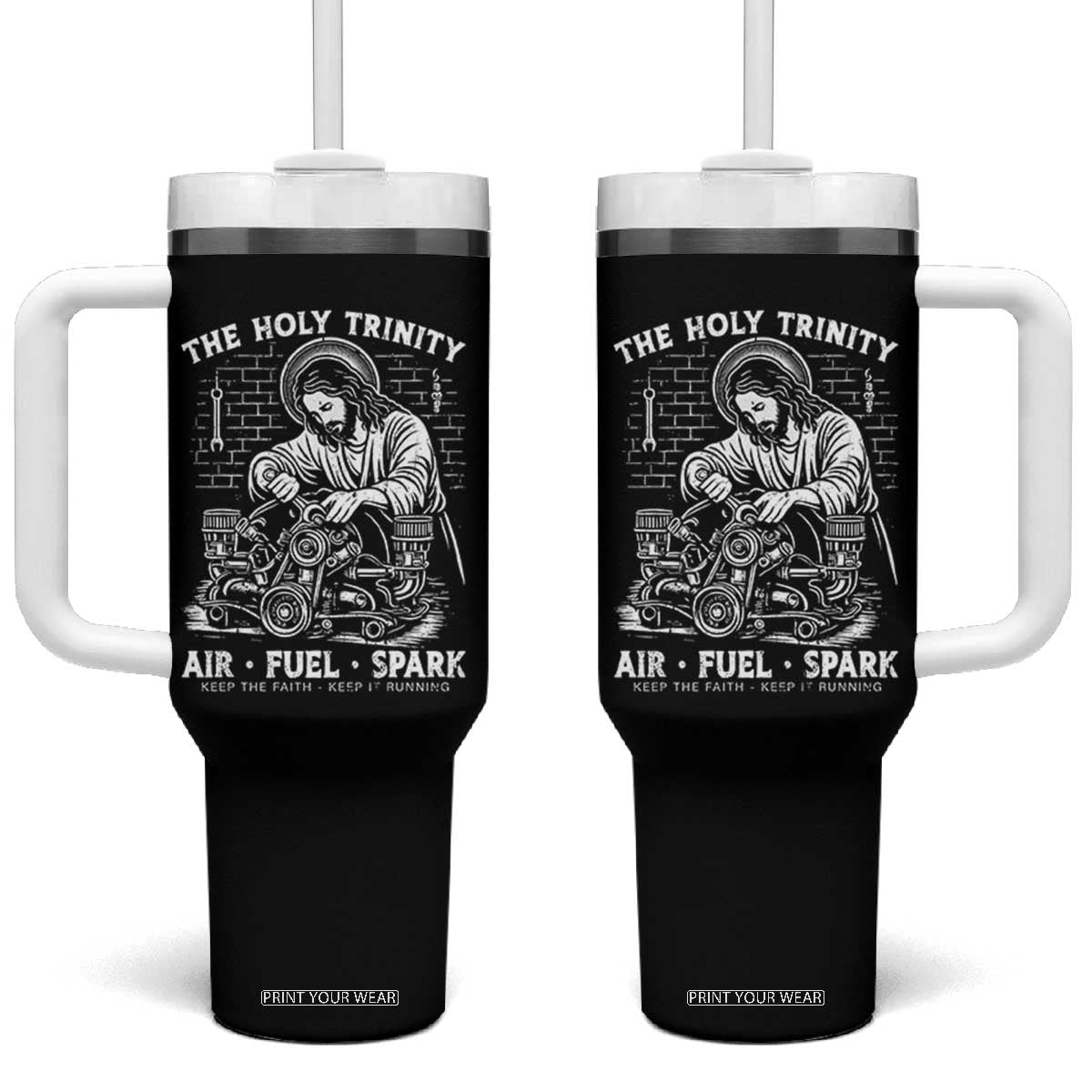 Funny Mechanic Jesus Holy Trinity Air Fuel Spark Tumbler With Handle Christian Car Lover Humor Gift for Gearheads TS02 One Size: 40 oz Black Print Your Wear