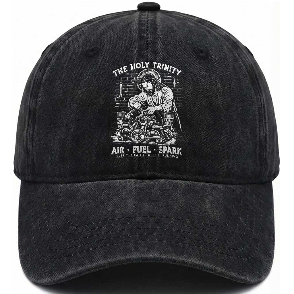Funny Mechanic Jesus Holy Trinity Air Fuel Spark Washed Cotton Baseball Cap Christian Car Lover Humor Gift for Gearheads