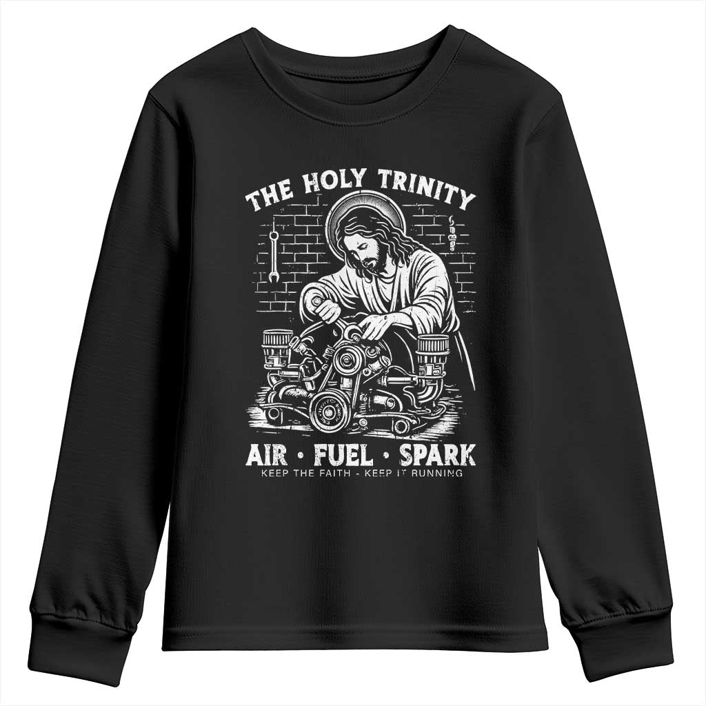 Funny Mechanic Jesus Holy Trinity Air Fuel Spark Youth Sweatshirt Christian Car Lover Humor Gift for Gearheads TS02 Black Print Your Wear