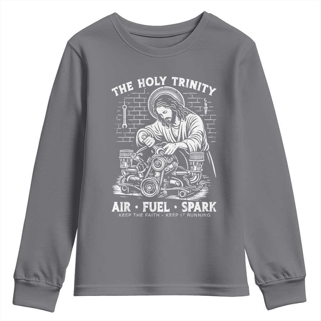 Funny Mechanic Jesus Holy Trinity Air Fuel Spark Youth Sweatshirt Christian Car Lover Humor Gift for Gearheads TS02 Charcoal Print Your Wear