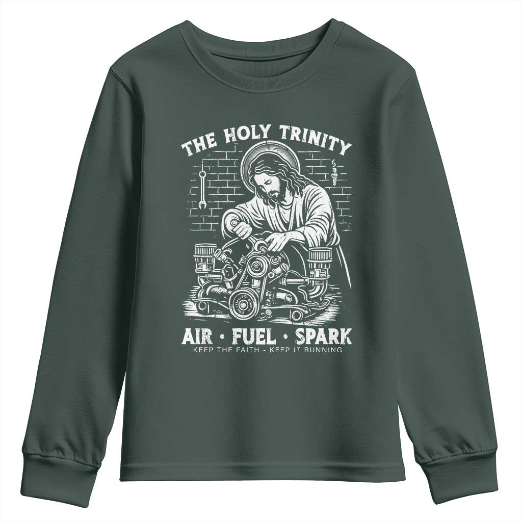 Funny Mechanic Jesus Holy Trinity Air Fuel Spark Youth Sweatshirt Christian Car Lover Humor Gift for Gearheads TS02 Dark Forest Green Print Your Wear
