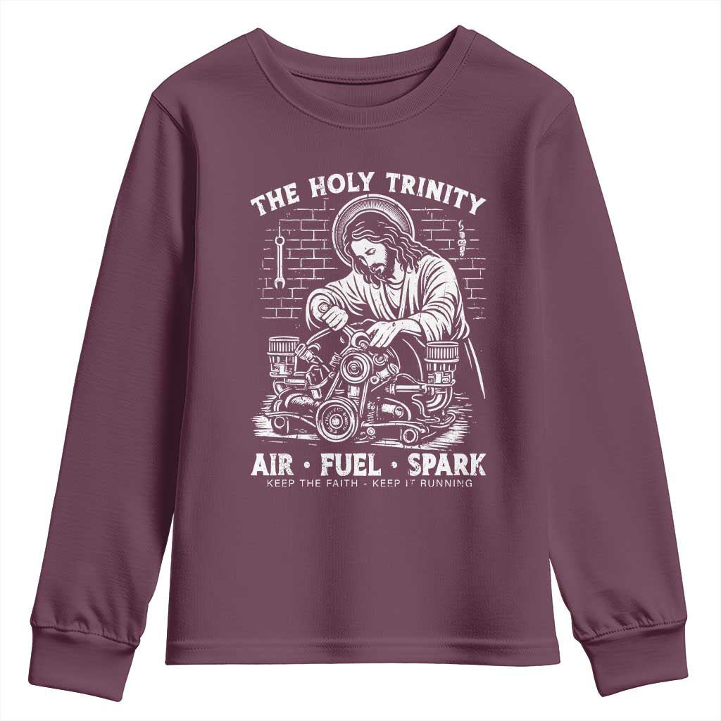 Funny Mechanic Jesus Holy Trinity Air Fuel Spark Youth Sweatshirt Christian Car Lover Humor Gift for Gearheads TS02 Maroon Print Your Wear