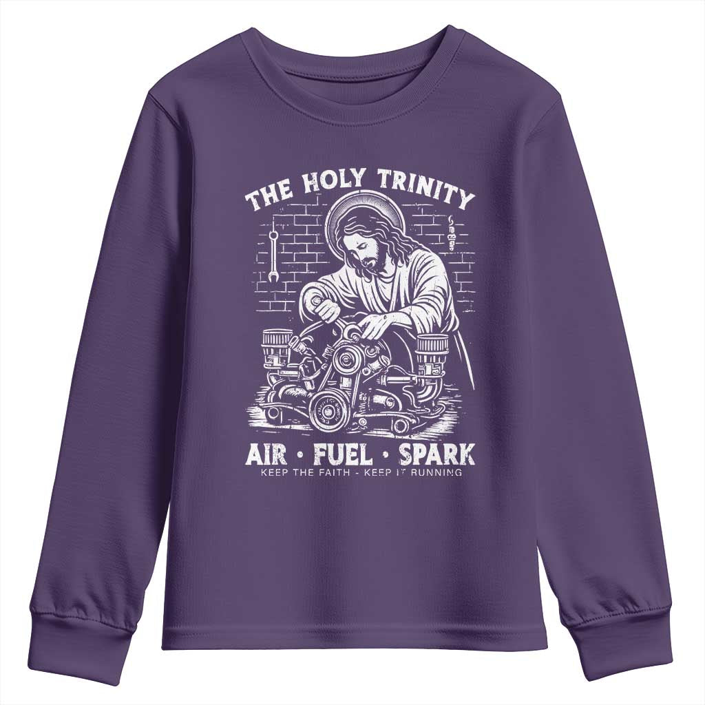 Funny Mechanic Jesus Holy Trinity Air Fuel Spark Youth Sweatshirt Christian Car Lover Humor Gift for Gearheads TS02 Purple Print Your Wear