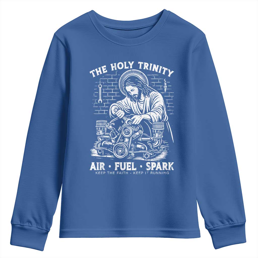Funny Mechanic Jesus Holy Trinity Air Fuel Spark Youth Sweatshirt Christian Car Lover Humor Gift for Gearheads TS02 Royal Blue Print Your Wear