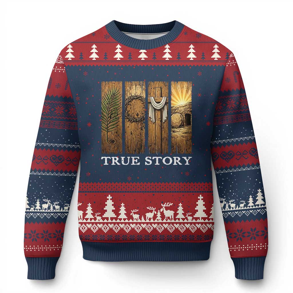 Christian Easter True Story Resurrection Scene Vintage Ugly Christmas Sweater Faith Based Jesus Empty Tomb Gift for Believers TS02 Navy Red Print Your Wear