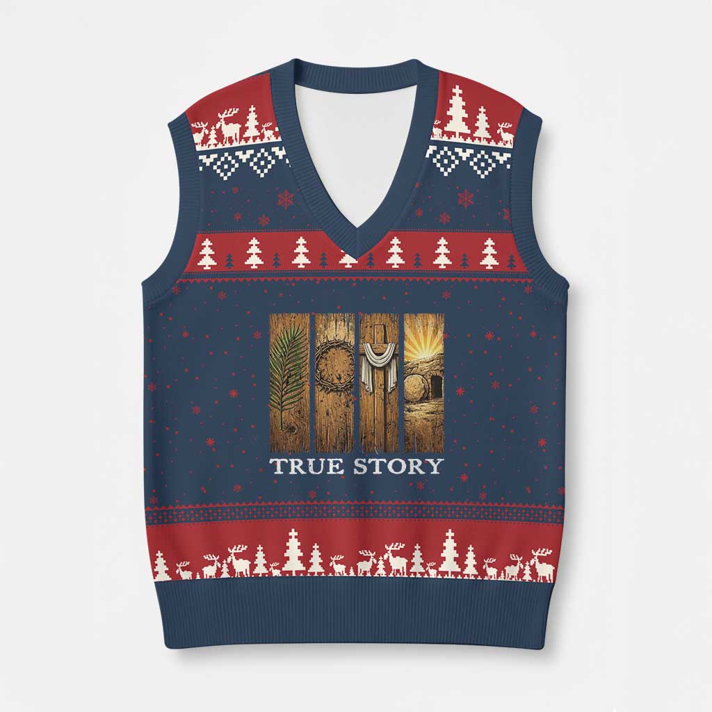 Christian Easter True Story Resurrection Scene Vintage V-Neck Knit Sweater Vest Faith Based Jesus Empty Tomb Gift for Believers TS02 Navy Red Print Your Wear