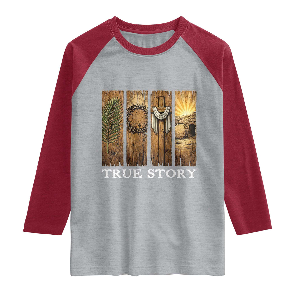 Christian Easter True Story Resurrection Scene Vintage Raglan Shirt Faith Based Jesus Empty Tomb Gift for Believers TS02 Heather Gray Heather Red Print Your Wear