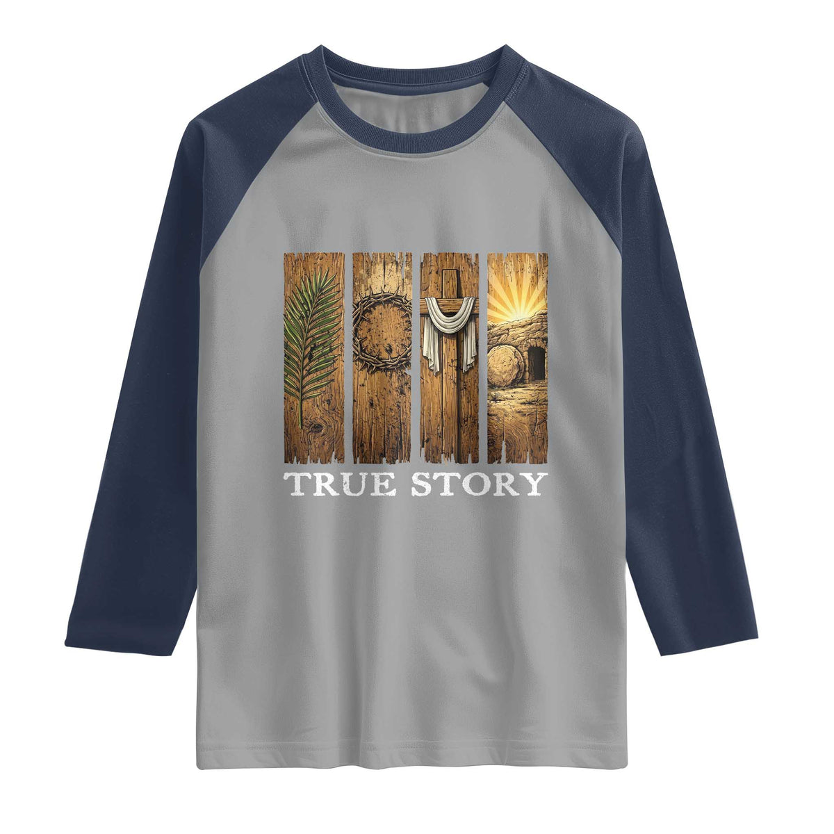 Christian Easter True Story Resurrection Scene Vintage Raglan Shirt Faith Based Jesus Empty Tomb Gift for Believers TS02 Sport Gray Navy Print Your Wear
