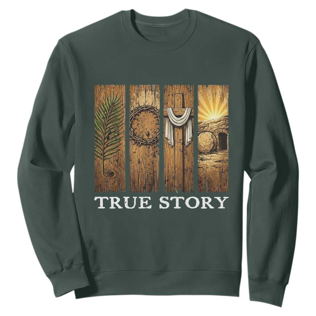 Christian Easter True Story Resurrection Scene Vintage Sweatshirt Faith Based Jesus Empty Tomb Gift for Believers TS02 Dark Forest Green Print Your Wear