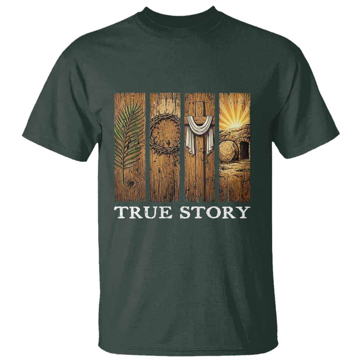 Christian Easter True Story Resurrection Scene Vintage T Shirt Faith Based Jesus Empty Tomb Gift for Believers TS02 Dark Forest Green Print Your Wear
