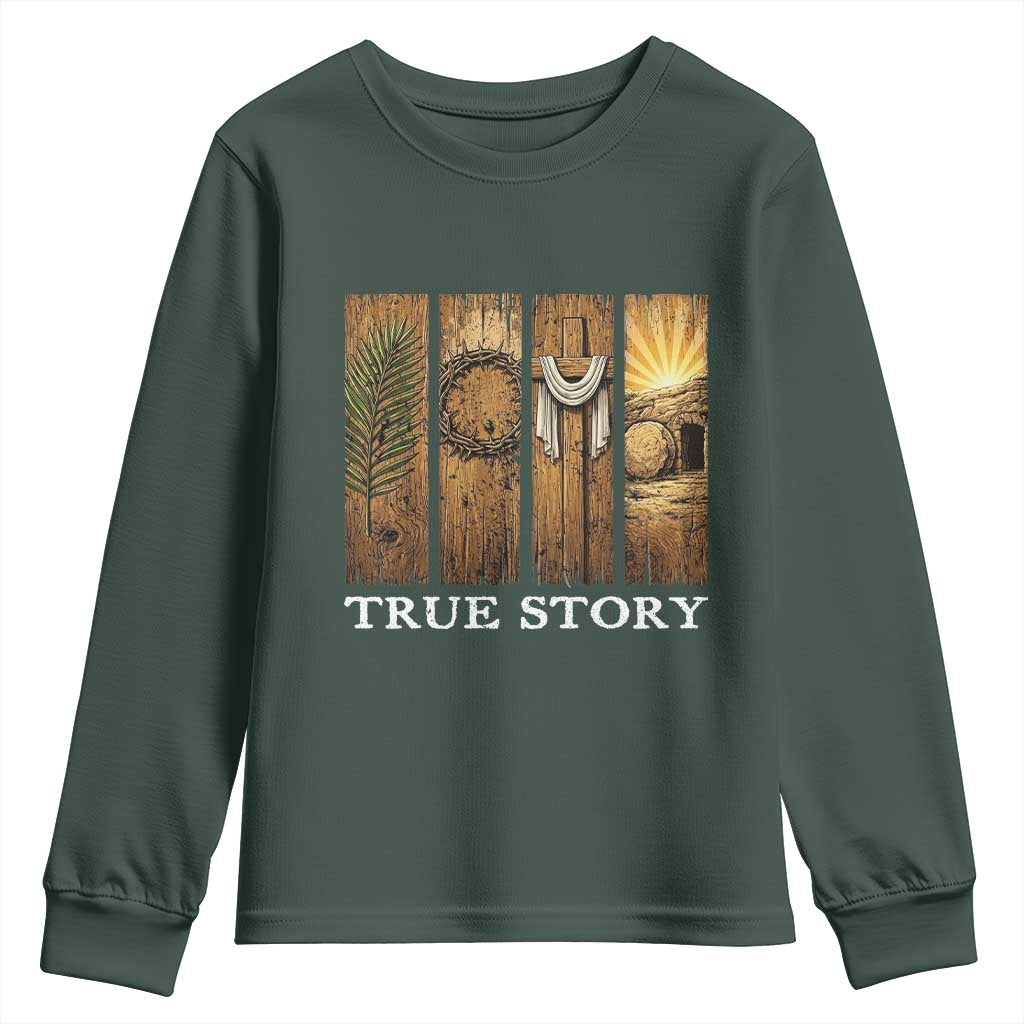 Christian Easter True Story Resurrection Scene Vintage Youth Sweatshirt Faith Based Jesus Empty Tomb Gift for Believers TS02 Dark Forest Green Print Your Wear