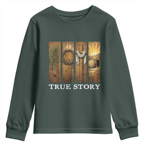 Christian Easter True Story Resurrection Scene Vintage Youth Sweatshirt Faith Based Jesus Empty Tomb Gift for Believers TS02 Dark Forest Green Print Your Wear