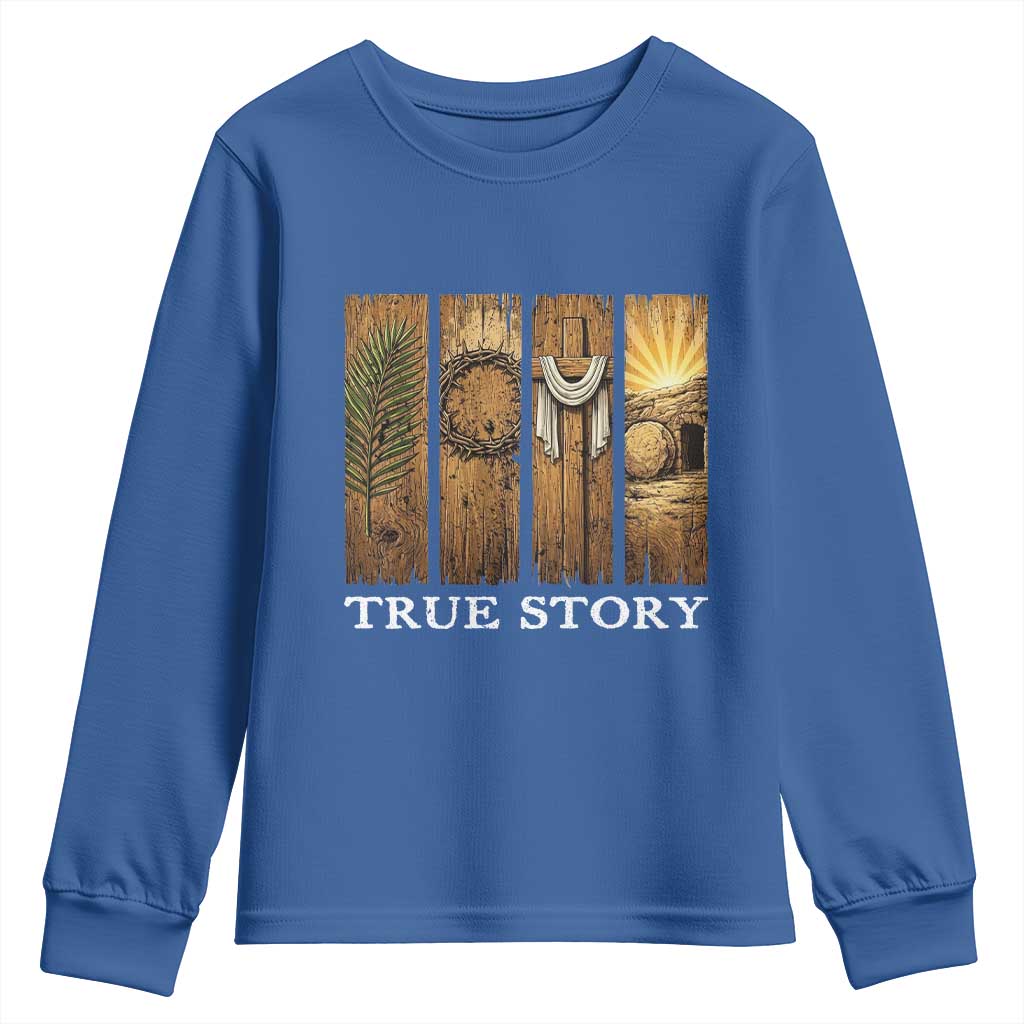 Christian Easter True Story Resurrection Scene Vintage Youth Sweatshirt Faith Based Jesus Empty Tomb Gift for Believers TS02 Royal Blue Print Your Wear