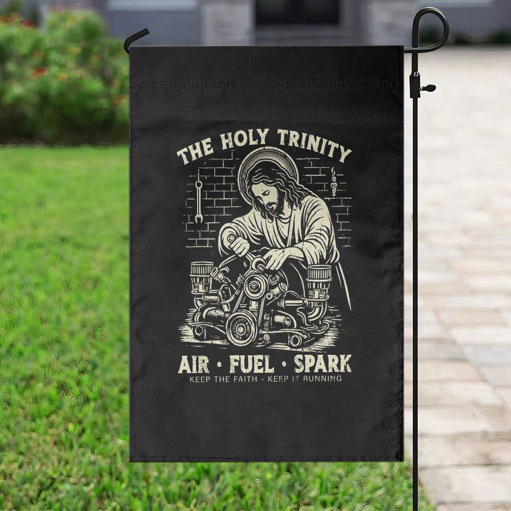 Funny Mechanic Jesus Holy Trinity Air Fuel Spark Vintage Garden Flag Christian Car Lover Humor Gift for Gearheads TS02 Print Your Wear