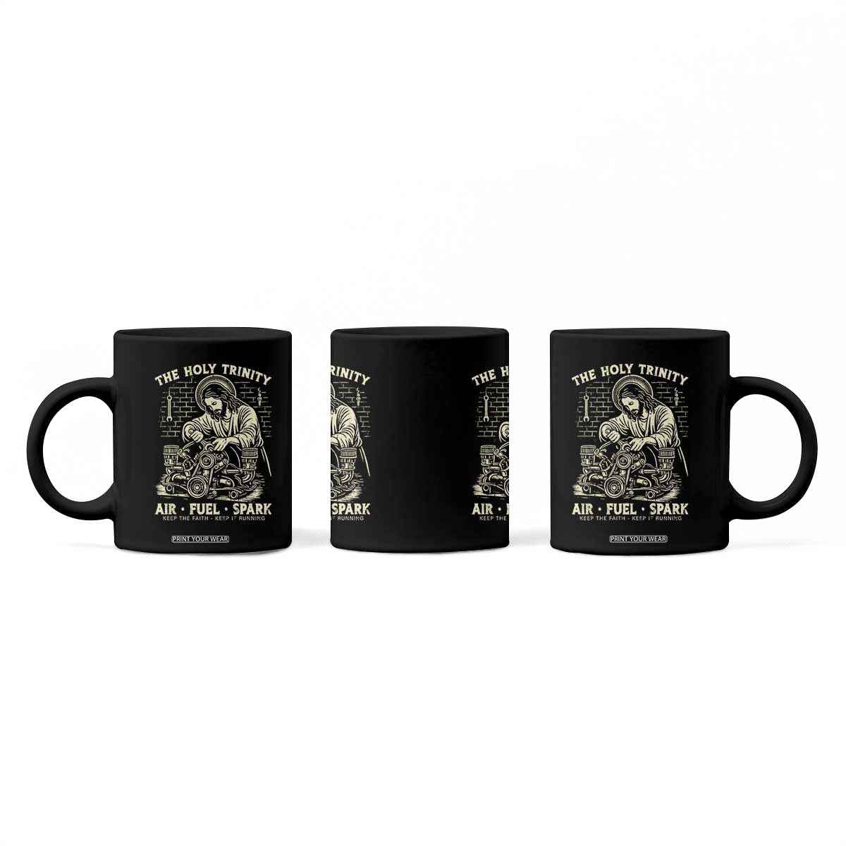 Funny Mechanic Jesus Holy Trinity Air Fuel Spark Vintage Coffee Mug Christian Car Lover Humor Gift for Gearheads TS02 Print Your Wear