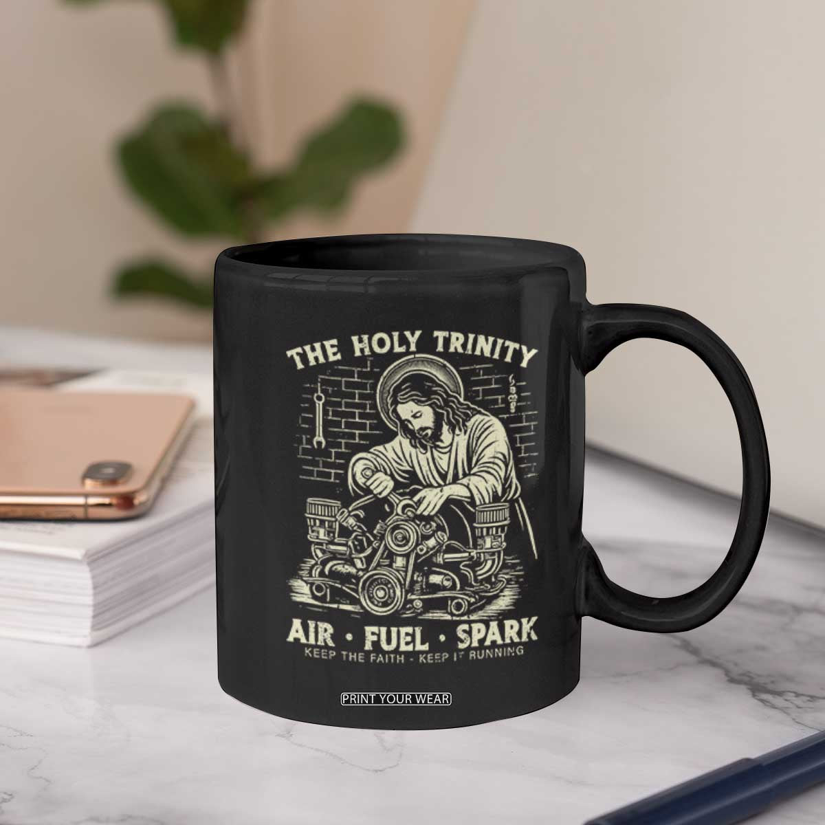 Funny Mechanic Jesus Holy Trinity Air Fuel Spark Vintage Coffee Mug Christian Car Lover Humor Gift for Gearheads TS02 Print Your Wear