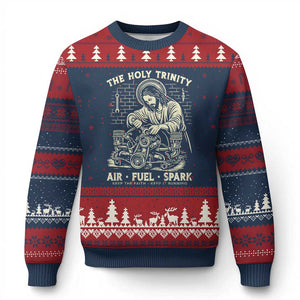 Funny Mechanic Jesus Holy Trinity Air Fuel Spark Vintage Ugly Christmas Sweater Christian Car Lover Humor Gift for Gearheads TS02 Navy Red Print Your Wear