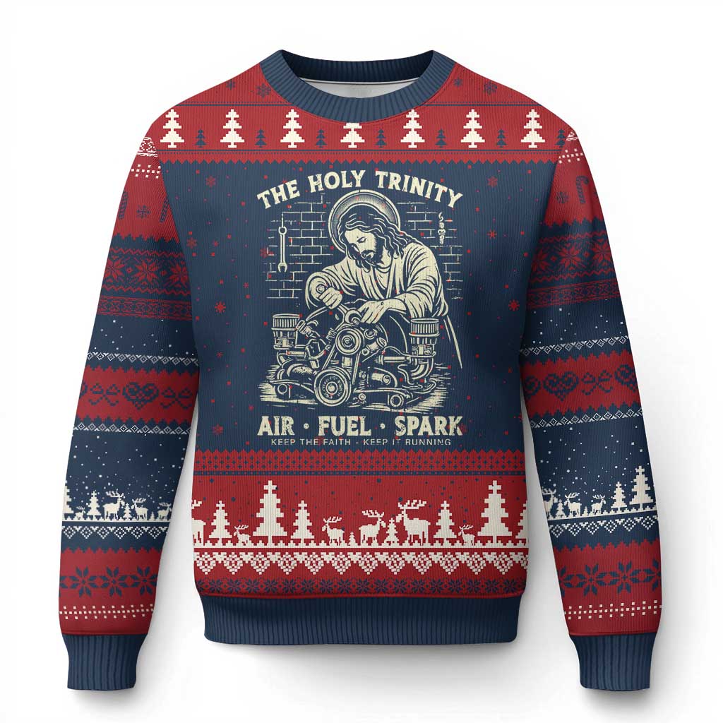 Funny Mechanic Jesus Holy Trinity Air Fuel Spark Vintage Ugly Christmas Sweater Christian Car Lover Humor Gift for Gearheads TS02 Navy Red Print Your Wear