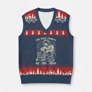 Funny Mechanic Jesus Holy Trinity Air Fuel Spark Vintage V-Neck Knit Sweater Vest Christian Car Lover Humor Gift for Gearheads TS02 Navy Red Print Your Wear
