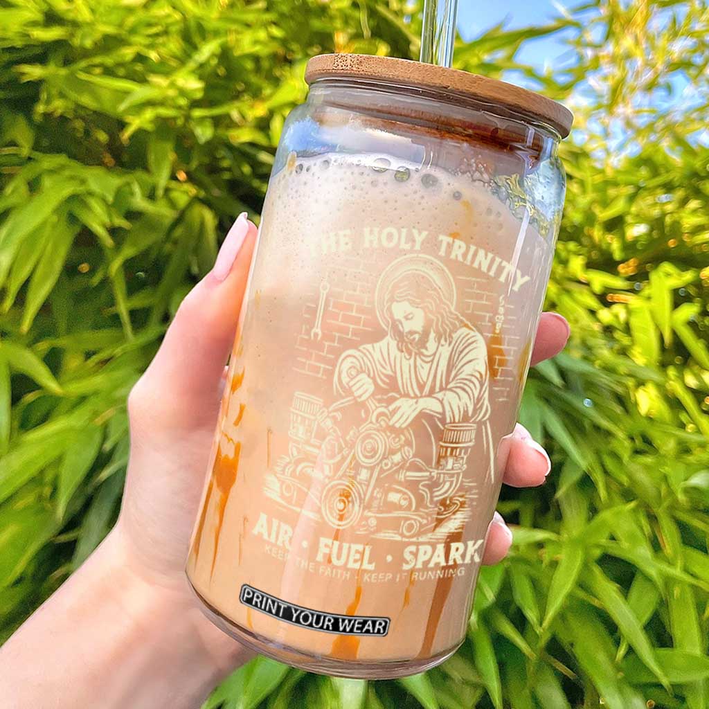 Funny Mechanic Jesus Holy Trinity Air Fuel Spark Vintage Glass Can Christian Car Lover Humor Gift for Gearheads TS02 Black Print Your Wear
