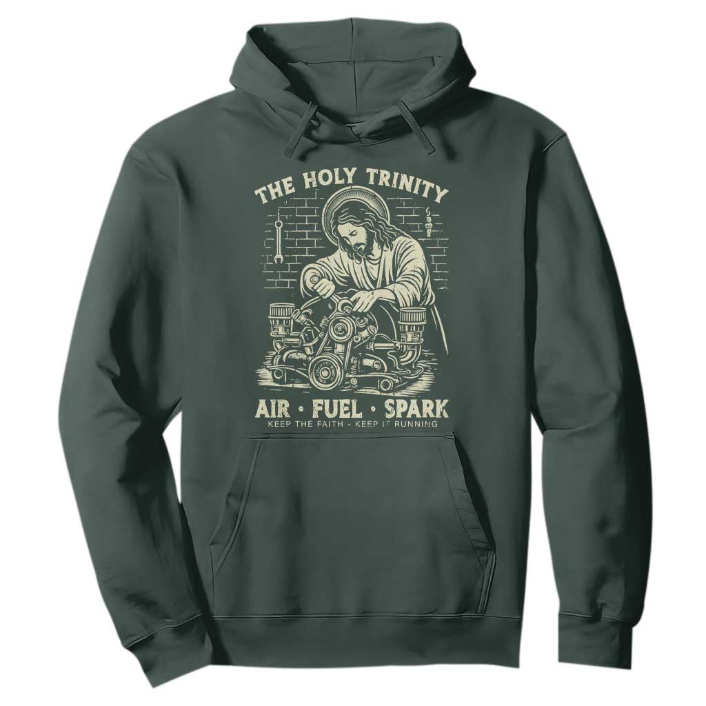 Funny Mechanic Jesus Holy Trinity Air Fuel Spark Vintage Hoodie Christian Car Lover Humor Gift for Gearheads TS02 Dark Forest Green Print Your Wear