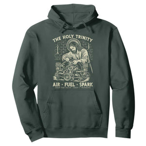 Funny Mechanic Jesus Holy Trinity Air Fuel Spark Vintage Hoodie Christian Car Lover Humor Gift for Gearheads TS02 Dark Forest Green Print Your Wear